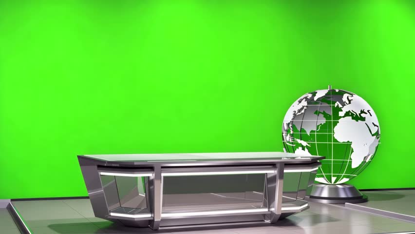 Modern news desk setup featuring a rotating metallic globe against a bright green screen background designed for professional broadcast television production and digital media studio content