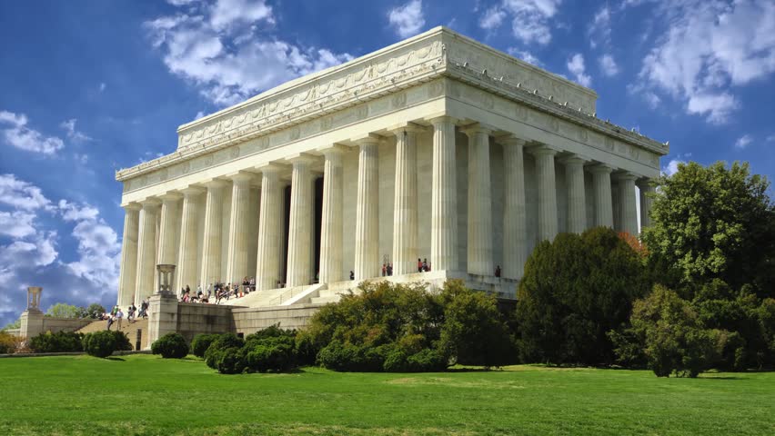 The Lincoln Memorial in Washington D.C. and the nearby reflecting pool the national monument standing between the pillars protecting abe lincoln statue Lincoln Memorial - Monument in Washington, D.C., United States - Stock Illustration 