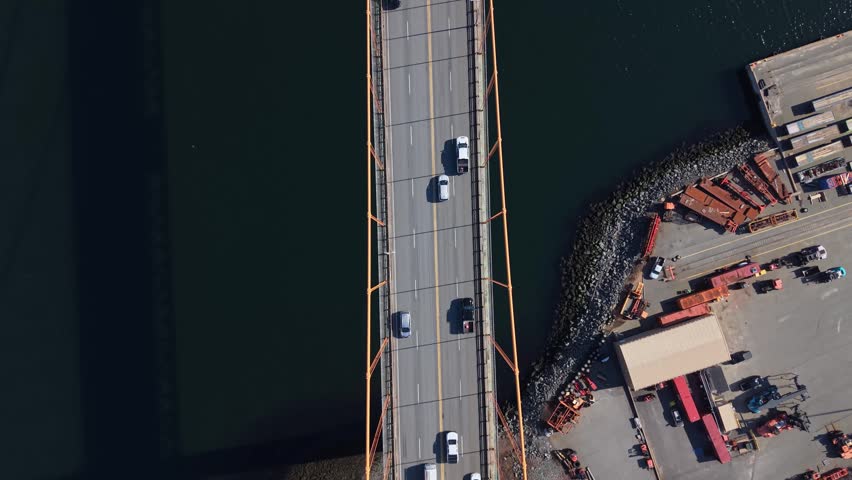 Top View Halifax Skyline With MacKay Bridge Aerial View Nova Scotia Canada Traffic Vehicles Crossing Harbor High Rise Buildings Urban Transport Infrastructure 4K