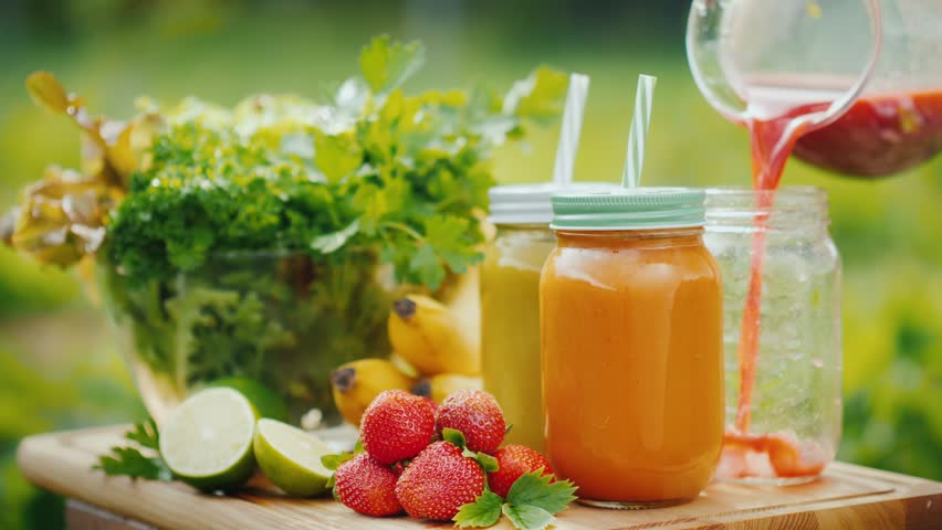 Slow motion footage showing vibrant healthy red fruit smoothie being poured into glass mason jar among fresh green vegetables lime bananas and strawberries on wooden table outdoors in summer garden.