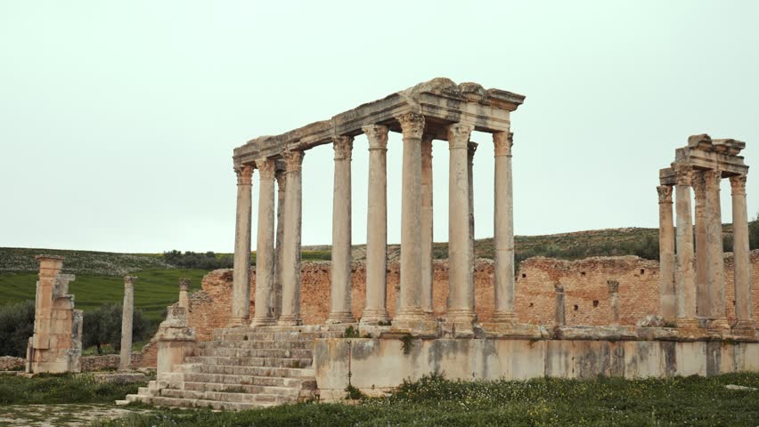 Temple building details of Juno Celestis (Junon Celestis), archaeological site of ancient Roman Dougga, Tunisia. High quality 4k footage