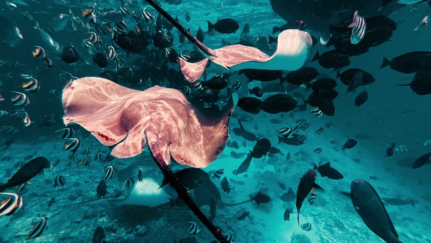 Stunning underwater footage of stingrays and fish in the Maldives.