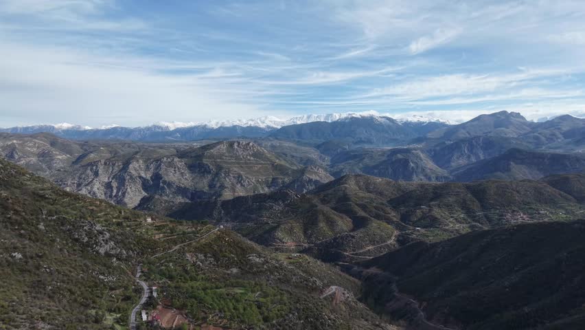  Mountainous landscape view. Mountainous winding road. rocky mountains. High quality 4k footage