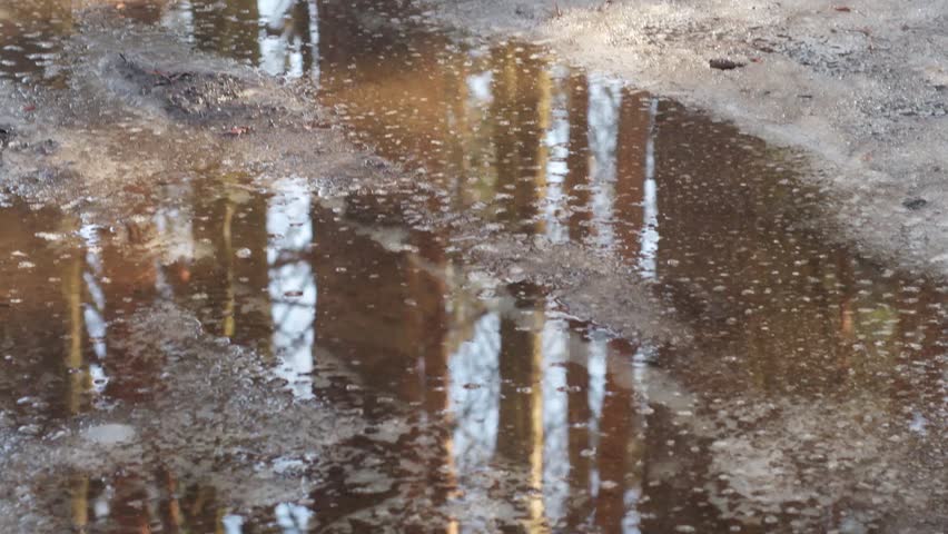 Close-up of water on a frozen road. Ice and water in a puddle in winter.
