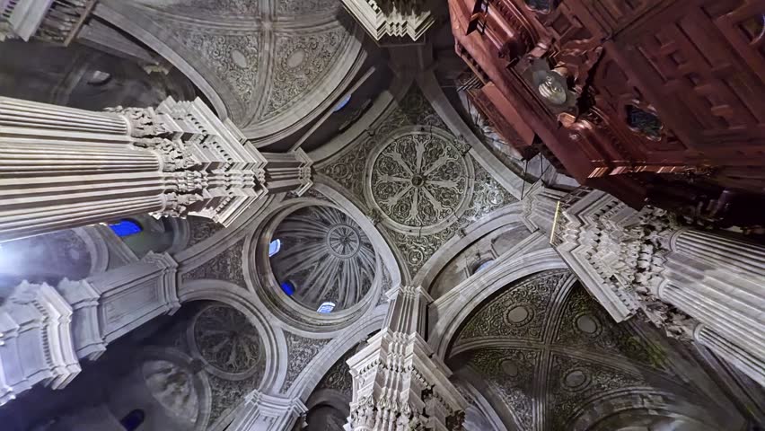 Ornate Baroque Granada Cathedral Interior With Domed Ceiling, Grand Columns and Detailed Stonework, Granada, Spain