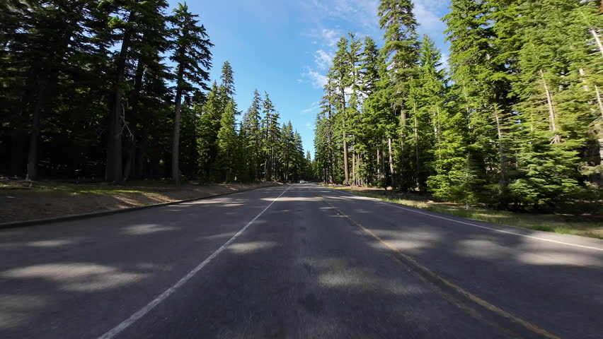Crater Lake National Park Steel Visitor Center to Mazama Village 02 Rear View Driving Plates Oregon USA Ultra Wide