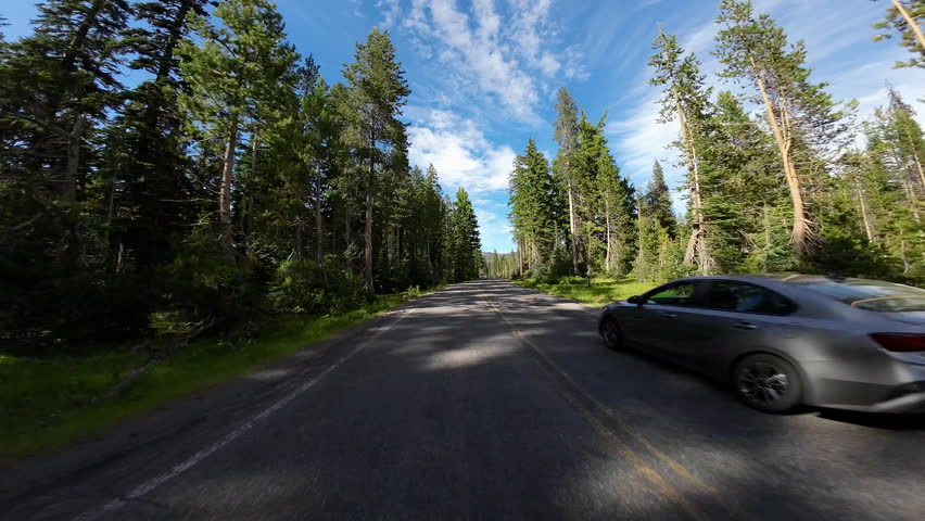 Crater Lake National Park Steel Visitor Center to Mazama Village 03 Rear View Driving Plates Oregon USA Ultra Wide