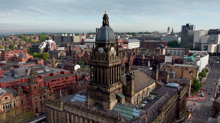 Leeds town hall in Yorshire, UK.  Drone aerial view circling the clock tower