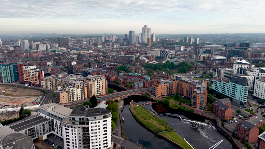 Drone Aerial view of Leeds city centre, UK and River Aire in england