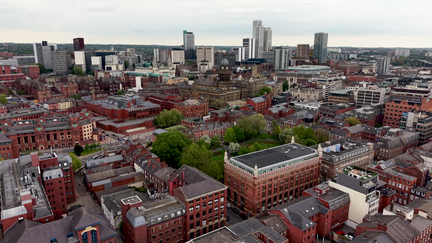 Leeds city centre Skyline aerial drone view with town hall and gardens