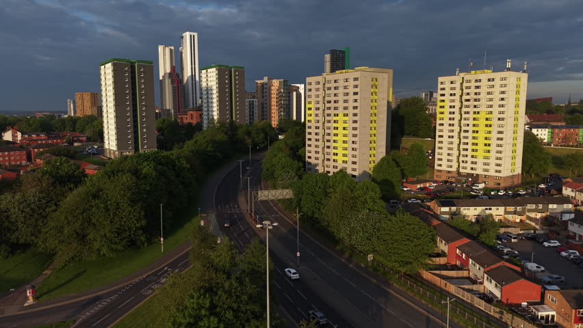 Drone Aerial view of leeds city centre Skyline and urban housing estate