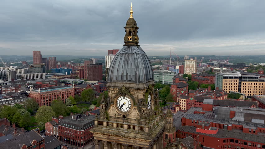 Leeds Town Hall clock tower Drone aerial view orbiting Close Up