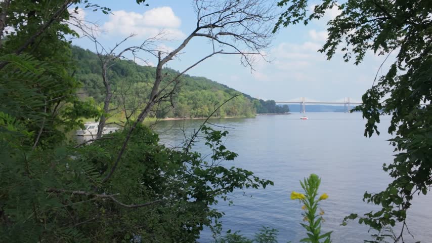 Gimbal wide panning shot of the St. Croix River through trees in Houlton, Wisconsin. 4K