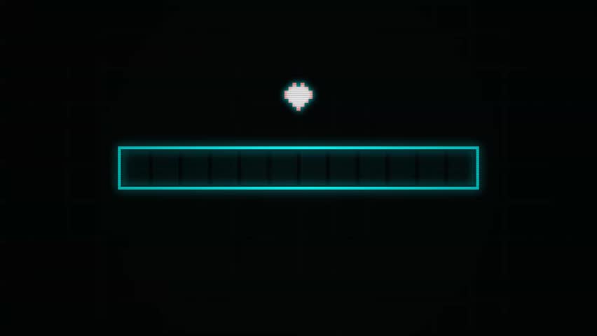 Digital pixel art loading bar with pulsating heart icon on black background