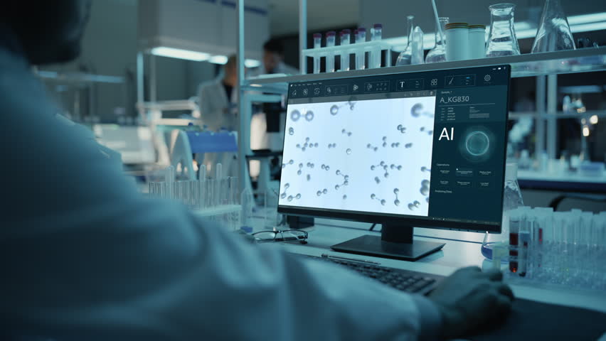 Lab-coated Researcher Uses Computer Displaying AI Cell-network Analysis Beside Microscope and Test Tubes in Biomedical Lab, Converting Sample Data Into Therapy Targets. Static Over-the-shoulder Shot.