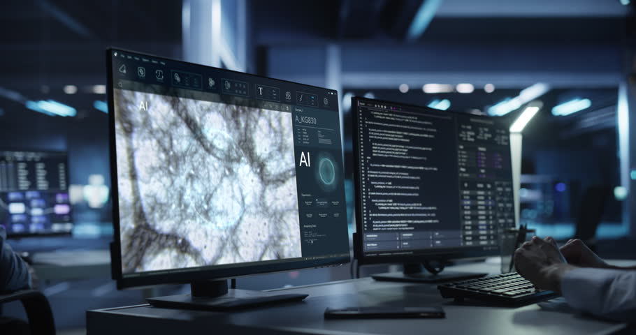 Scientist Uses Computer withy Dual screen Workstation in Medical Laboratory, Using AI to Help Diasnose Disease, Optimise Treatment, Drug Design and Precision Therapy. Static Medium Close-up.