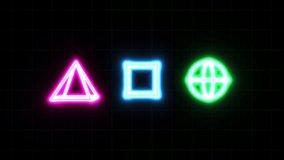 A 3D animation featuring a pink pyramid, blue cube, and green sphere as glowing neon wireframes. The geometric shapes rotate continuously against a dark background with a subtle grid pattern, evoking a retro-futuristic style. - Powered by Shutterstock - Get 15% off with code: PIKWIZARD15