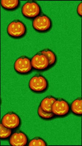 A digital illustration of multiple orange jack-o-lanterns with yellow eyes and mouths scattered across a solid green background, creating a festive halloween scene with a playful and spooky atmosphere