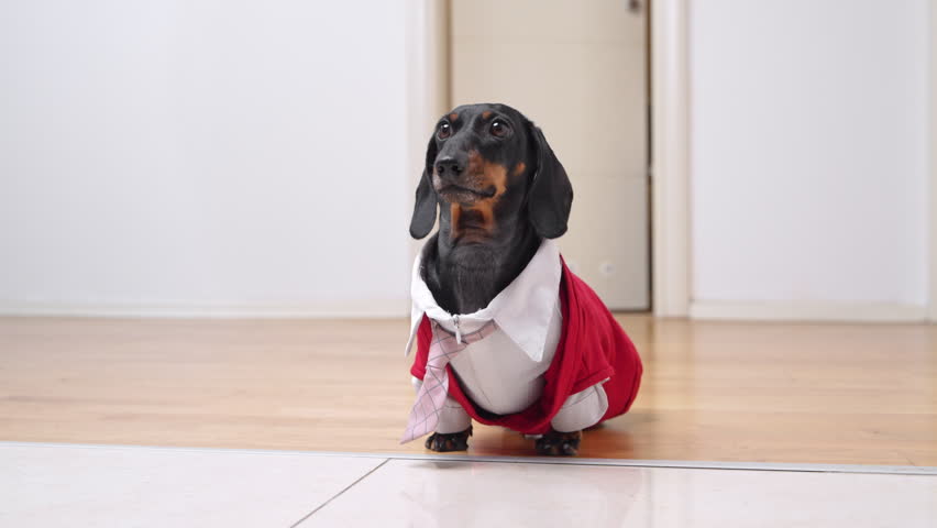 Cute black dachshund dog wearing red business shirt with pink tie standing in bright white hallway at home, waiting for someone, barking cheerfully, jumping and wagging