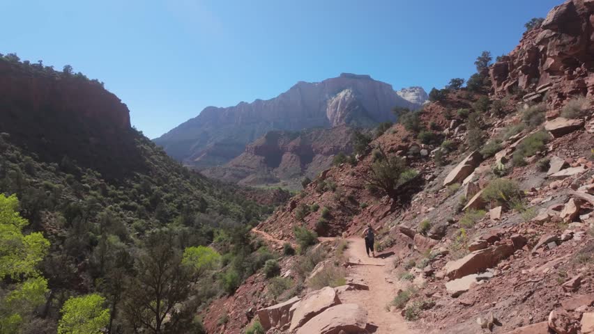 A hiker on a trail through the red cliffs of Zion National Park.