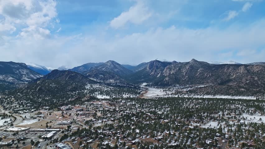 Estes Park wide valley with town structures and distant Rocky Mountains under blue sky, aerial drone overview