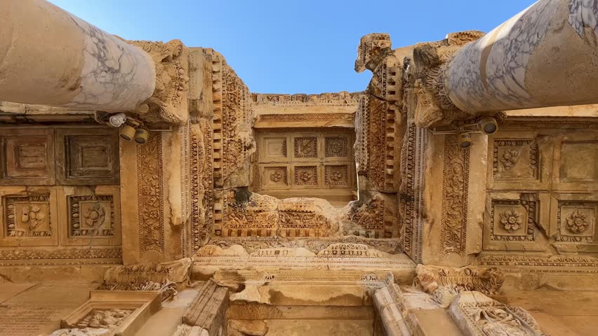 Close-up view of the Library of Celsus in ancient Ephesus, Turkey. Detailed Roman columns, marble facade and ornate carvings under clear blue sky.