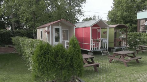Aerial Drone View of Colorful Cabins in Campground