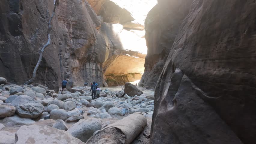 A group of hikers navigate the rocky path of The Narrows at Zion National Park, with large rock walls, and stones throughout.