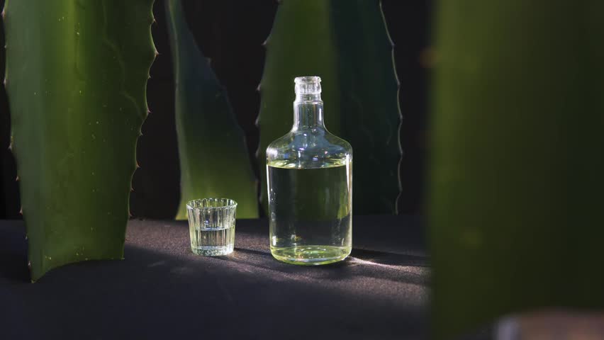 Mexican strong alcoholic drink mezcal standing with a shot glass surrounded by agave leaves