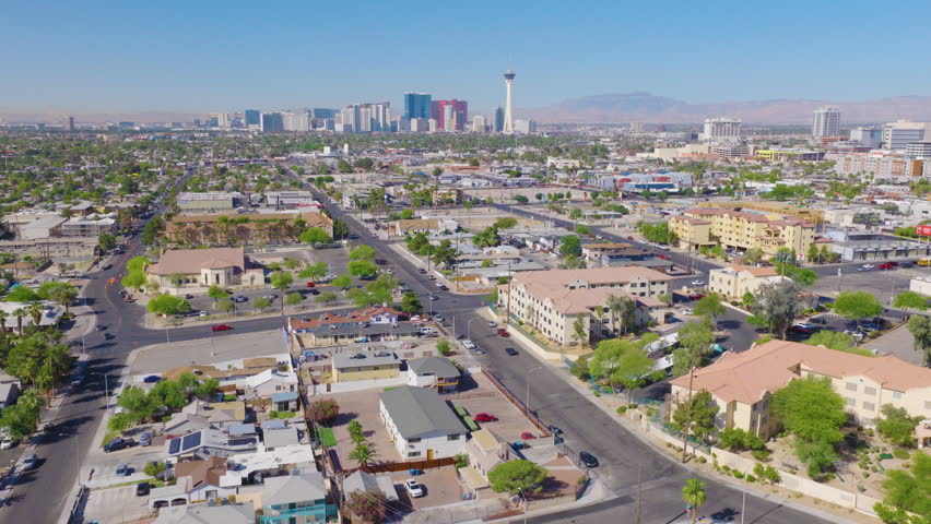 Las Vegas Aerial View of Strip Skyline Over Urban Neighborhood 02