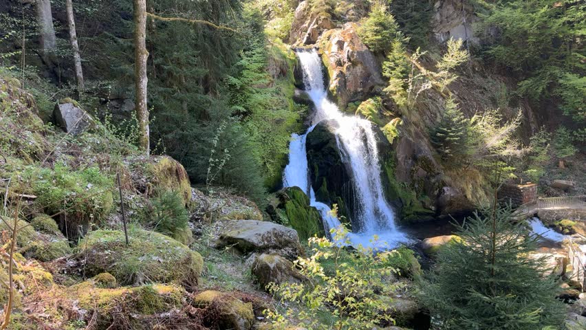 Clear waterfall flowing through rocky forest terrain in bright natural sunlight. Fresh spring landscape with moving water, mossy stones and peaceful woodland atmosphere in the Black Forest region.