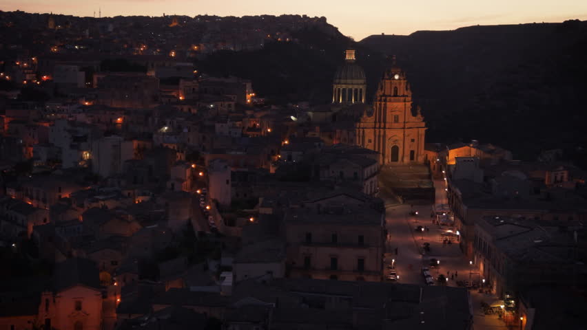 dusk flying right view of Ragusa Ibla in Sicily