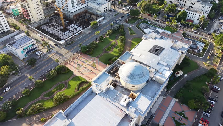 Aerial view of the National Palace (Palacio Nacional) of the Dominican Republic in Santo Domingo. Cinematic drone shot of the neoclassical government building and its gardens.