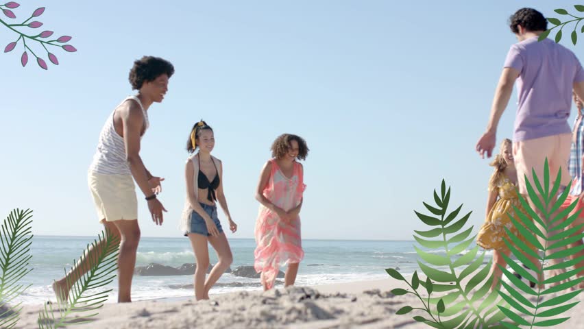 Striped man kicking soccer ball, friends passing, walking toward water, foliage overlays for play. Beach, group, seaside, outdoor, ocean, horizon, sand