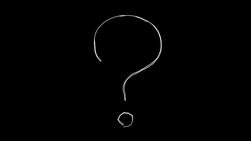 A simple question mark doodle illustration. A hand-drawn icon video with moving lines. A looping 4K animation. A decorative stamp of a drawing drawn freehand with a white pen on a black background.