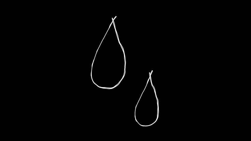 Two water droplets of sweat doodle illustration. Hand-drawn icon video with moving lines. Looping 4K animation. Decorative stamp of a freehand drawing with a white pen on a black background.