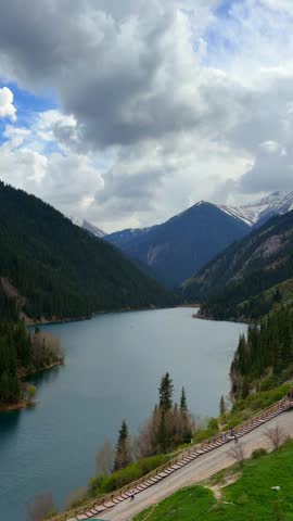 Kolsay lake in Kolsai Koldery gorge, nature landscape of Kazakhstan National Park. Aerial view