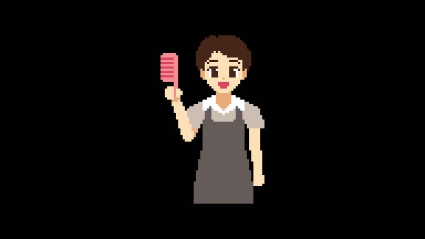 8-bit pixel art hairdresser man with hair brush. looped animation 4k 30fps