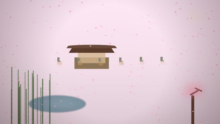 Japanese Garden - Cherry Blossom Temple with Floating Petals - Zen Asian Background