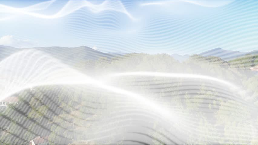 Bright overlay appearing and sweeping across rolling hills, revealing ridgelines and valley village. Landscape, aerial, hillside, trees, hamlet, bluesky, cirrus