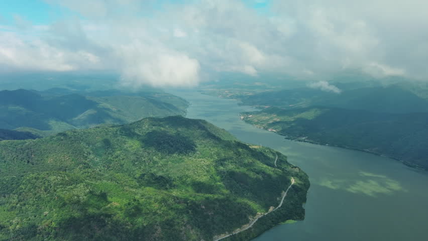 Aerial view on the Danube river and mountains in Djerdap National Park, Serbia Romania border, 4k