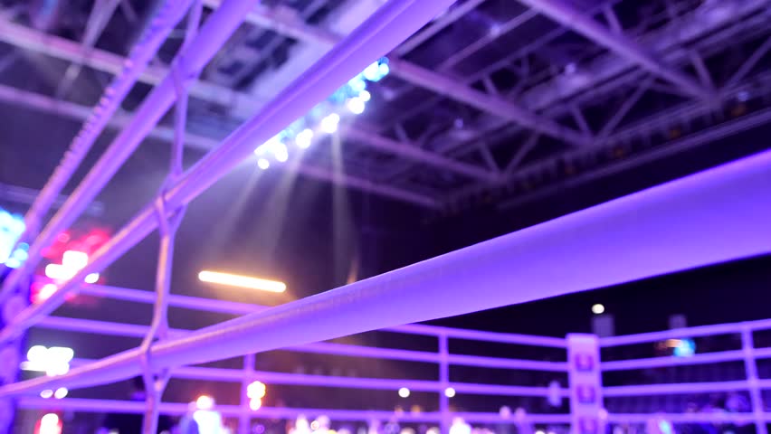Close-up view of a boxing ring corner with ropes under bright arena lights during a professional sports event indoors.