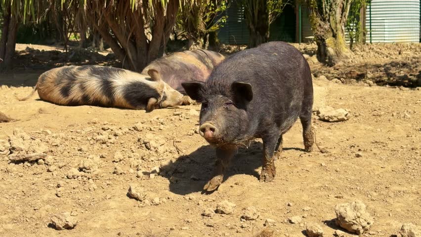 Large black pot-bellied pig with wrinkled face walking in dry, muddy enclosure