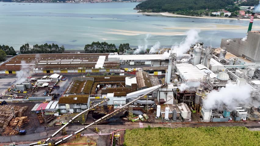 Panoramic aerial view of a large pulp and paper mill located on the coastline. White smoke and steam billowing from factory chimneys