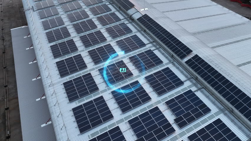 Glowing AI brain and digital data flow overlaid on industrial solar panels. Concept of powering artificial intelligence and meeting the high energy demand of big data with sustainable renewable energy.