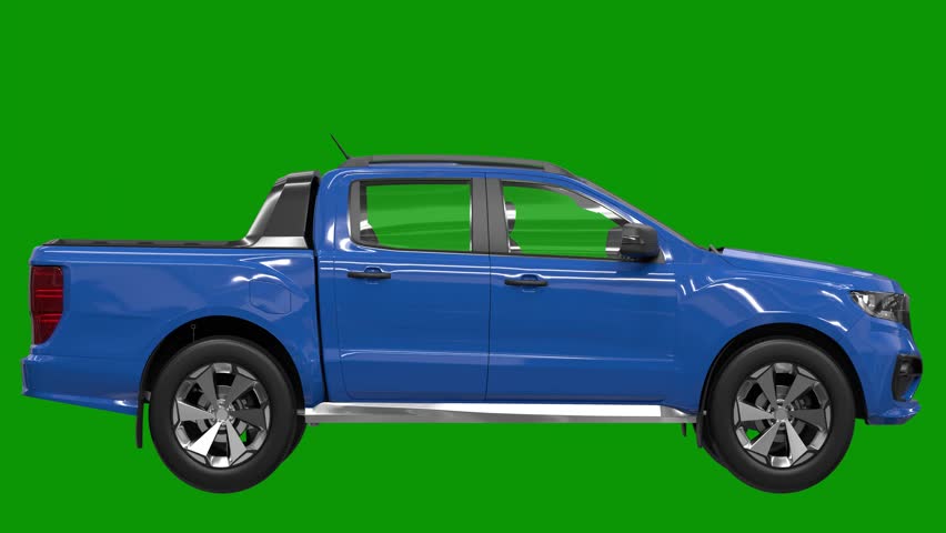 A blue pickup truck on green and screen pick figure illustration depth scene layers motion