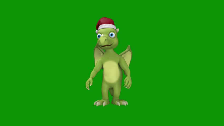 Dinosaur wearing santa hat dragon its cartoon green screen animation Animated chroma key video element for editing, compositing, overlays, motion graphics, social media videos, presentations, and creative visual projects