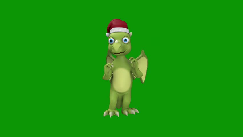 Character wearing santa hat dragon its cartoon green screen animation Animated chroma key video element for editing, compositing, overlays, motion graphics, social media videos, presentations, and creative visual projects
