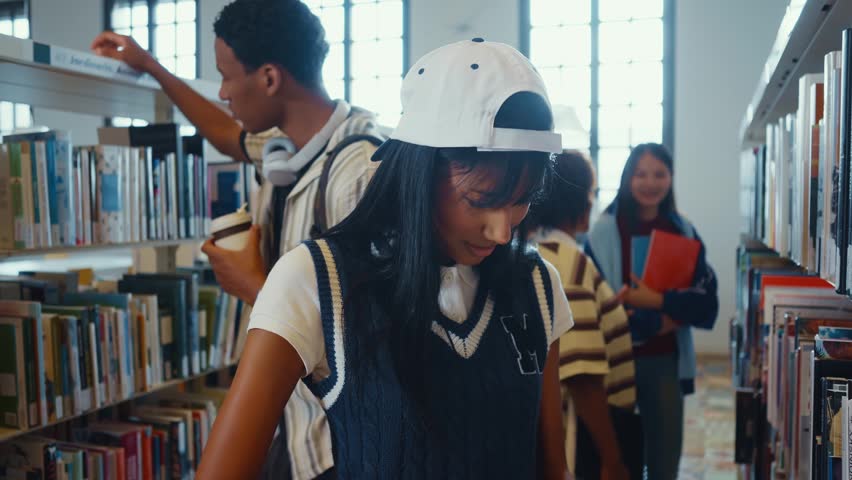Multiethnic students group collaborating and studying in library, looking for sources to do a new research homework.