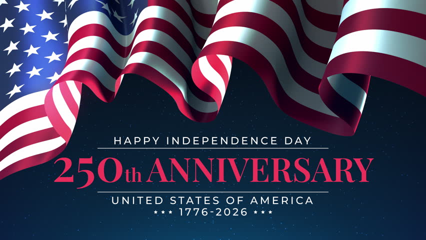 250th anniversary of USA. Holiday fireworks. 250 years. Banner 4th of july usa independence day. Waving american flag on dark night sky. Fourth of july, national holiday. 3D animation, seamless loop